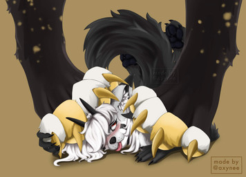 4_toes 5_fingers anthro black_body black_fur black_tail blush claws duo extreme_size_difference facial_markings feet female female/female fingers foot_fetish fur grey_body grey_fur hair head_markings looking_up looking_up_at_partner macro markings simple_background size_difference spots stepped_on tail toes white_body white_fur white_hair white_toes yellow_claws yellow_spots yellow_toes axynee mythology oblivion_(baja.blastt) yellow_(fodax) bovid canid canine canis caprine dragon fox hybrid mammal mythological_creature mythological_scalie scalie sheep wolf hi_res