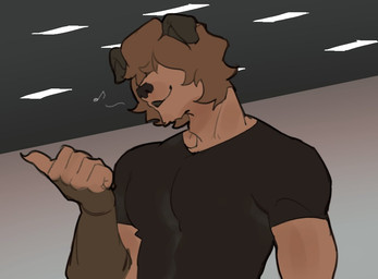 anthro bangs beckoning black_clothing black_shirt black_topwear brown_body brown_fur brown_hair clothing fur gesture hair long_bangs male male_anthro shirt solo tight_clothing tight_topwear topwear whistling otternito doug_(otternito) canid canine canis domestic_dog mammal digital_media_(artwork) portrait