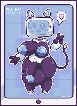 anthro areola balls big_areola big_balls big_breasts big_nipples big_penis black_body blue_glans blue_nipples blush blush_stickers breasts cable_tail flaccid genitals gesture glans gynomorph gynomorph_anthro hand_gesture heart_symbol huge_balls huge_breasts huge_nipples huge_penis humanoid_genitalia humanoid_penis hyper hyper_balls hyper_genitalia intersex intersex_anthro looking_at_viewer machine multicolored_body nipples one_eye_closed open_mouth open_smile penis puffy_areola screen screen_face shortstack shortstack_intersex slightly_chubby smile solo speech_bubble tail usb_cable usb_tail v_sign white_body wink thisnameistaken domestic_cat felid feline felis mammal robot 2022 digital_media_(artwork) hi_res letterbox herm_(lore)