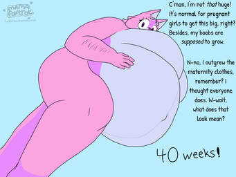 anthro arm_hair belly belly_expansion bent_leg big_belly big_breasts body_hair breast_expansion breasts chubby_cheeks covering covering_crotch covering_self curvy_figure dialogue expansion eyebrows eyeliner female fur grey_body grey_fur hand_on_belly hand_on_own_belly head_tuft huge_belly huge_breasts hyper hyper_pregnancy linea_nigra looking_at_viewer lying makeup monotone_background navel nude on_side outie_navel overweight overweight_anthro overweight_female pink_body pink_fur pink_nose pregnant pregnant_anthro pregnant_female purple_body purple_eyes purple_fur simple_background solo striped_body stripes text thick_thighs tuft voluptuous wide_hips worried worried_look mamafoxtrot mayternity mayternity_2025 aria_(mamafoxtrot) canid canine canis domestic_dog fox hybrid mammal procyonid raccoon wolf 4:3 absurd_res english_text flat_colors hi_res watermark