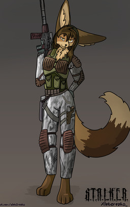 anthro brown_hair bulletproof_vest clothing cosplay crossgender female fluffy fluffy_tail fur gradient_background hair mask military multicolored_body multicolored_fur ranged_weapon red_body red_fur simple_background solo stalker tail weapon xleb0rezka s.t.a.l.k.e.r. faraday_(yellow_fire) canid canine fennec_fox fox mammal true_fox absurd_res hi_res