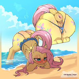 animal_genitalia animal_vulva anus ass_up beach big_butt bikini bikini_bottom blush bodily_fluids bottomwear butt clothing detailed_background equine_anus equine_genitalia equine_vulva eyelashes female feral genital_fluids genitals hair jack-o'_pose outside pose puffy_anus pupils purple_hair quadruped raised_tail skirt smile solo swimwear tail two-piece_swimsuit vaginal_fluids vulva wings yellow_body cold-blooded-twilight friendship_is_magic hasbro my_little_pony mythology fluttershy_(mlp) equid equine mammal mythological_creature mythological_equine pegasus 1:1 hi_res