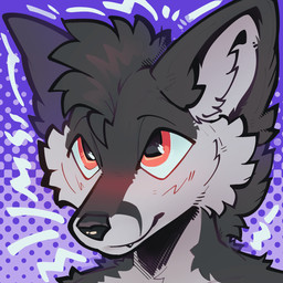 ambiguous_gender anthro black_body black_fur black_nose blush fur hair purple_background red_eyes simple_background smile solo dizzymilky canid canine fox mammal 1:1 digital_media_(artwork) hi_res icon
