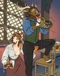 alcohol anthro antlers beer beer_mug beverage bottomwear breasts brown_body brown_fur brown_hair chair clothed clothing detailed_background duo female fur furniture grope groping_crotch groping_from_behind hair hooves horn male male/female musical_instrument nipples one_breast_out pants skirt stool table tan_body tan_fur tavern window tabaxitaxi deer mammal hi_res