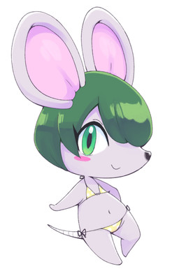 anthro big_ears bikini blush blush_stickers chibi clothed clothing featureless_feet featureless_hands feet female flat_chested green_eyes green_hair grey_body hair looking_at_viewer navel pattern_bikini pattern_clothing pattern_swimwear polka-dot_bikini polka_dots pose segmented_tail short_hair side-tie_bikini simple_background smile smiling_at_viewer solo spots spotted_bikini spotted_clothing spotted_swimwear string_bikini swimwear two-piece_swimsuit white_background nollety animal_crossing nintendo bree_(animal_crossing) mammal mouse murid murine rodent 2020 digital_media_(artwork) full-length_portrait portrait