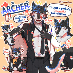 abs anthro athletic athletic_anthro athletic_male biped chibi male male_anthro medical_instrument necktie pecs scientific_instrument solo text sosomyuzu thunderrangers archermagnum canid canine canis mammal wolf absurd_res english_text hi_res tagme
