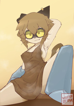 :3 anthro apron apron_only areola areola_slip armor bangs bedroom_eyes breasts brown_apron brown_areola brown_clothing brown_hair brown_tail clothing crooked_whiskers cybernetic_arm cybernetic_leg cybernetic_limb cybernetics detailed_armpit ear_piercing ear_ring eyewear female foot_on_table freckles fur furniture goggles greaves hair hand_behind_head logo looking_at_viewer machine medium_breasts musk narrowed_eyes nipple_outline notched_ear on_table one_fang piercing pose presenting_armpit raised_tail ring_piercing sabatons seductive short_hair side_bangs simple_background sitting sitting_on_table smile smirk solo spread_legs spreading table tail tan_background tan_body tan_fur text thick_thighs triangle_nose variant_set wide_hips ehtmareiner gameoverse glitch_productions scratch_(gameoverse) cyborg domestic_cat felid feline felis mammal 2026 absurd_res artist_logo artist_name hi_res pinup portrait shaded three-quarter_portrait