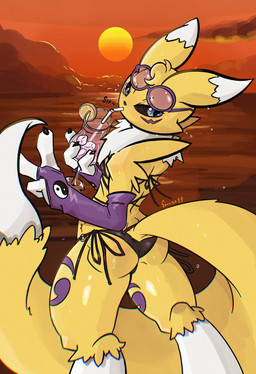 3_fingers anthro arm_tuft armwear beach beverage bikini black_bikini black_clothing black_swimwear blonde_hair blue_eyes bridal_gauntlets butt cheek_tuft clothed clothing cloud container cup dipstick_tail drinking_straw eyewear eyewear_on_head facial_markings facial_tuft female fingerless_armwear fingers flat_chested food fruit fur gesture glass glass_container glass_cup gloves hair hand_gesture handwear head_markings holding_glass holding_object ice ice_cube leg_markings long_tail looking_at_viewer looking_back looking_back_at_viewer markings multicolored_body neck_tuft outside plant rear_view sea shoulder_tuft sipping solo standing sunglasses sunglasses_on_head sunset swimwear tail tail_markings text tuft two-piece_swimsuit two_tone_body v_sign water water_drop white_body white_fur white_tail_tip yellow_body yellow_fur yellow_tail yin_yang snoutless bandai_namco digimon canid digimon_(species) mammal renamon absurd_res artist_name digital_drawing_(artwork) digital_media_(artwork) hi_res