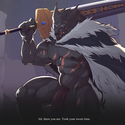 abs anthro balls biceps big_muscles big_penis black_body black_fur black_nose blue_sclera bodily_fluids clothed clothing fangs fur genital_fluids genitals half-erect holding_object holding_weapon humanoid_genitalia humanoid_penis male melee_weapon muscular muscular_anthro muscular_male nipples partially_clothed pecs penis pubes scar solo sword teeth text vein veiny_penis weapon jawful elden_ring fromsoftware blaidd_(elden_ring) canid canine canis mammal wolf 1:1 absurd_res digital_media_(artwork) english_text hi_res