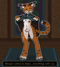 3_toes :3 anthro areola barefoot belly big_ears blue_clothing blue_robe blush blush_lines bodily_fluids bottomless breasts brown_areola brown_ears brown_markings brown_nipples brown_nose cat_smile cheek_tuft chest_tuft claws clothed clothing countershade_face countershade_torso countershading crotch_tuft detailed_background dialogue dialogue_box digitigrade dipstick_tail dripping dripping_vulva ear_markings ear_piercing ear_ring ear_tuft eyebrows eyelashes facial_tuft feet female floor front_view fur genital_fluids genitals gold_(metal) gold_ear_ring head_tuft hip_tuft inside jewelry leaking_pussy_juice long_tail looking_at_viewer markings multicolored_clothing multicolored_robe musk navel nipples no_underwear orange_body orange_fur paws pendant piercing pink_vulva presenting presenting_breasts presenting_vulva raised_arms raised_tail ring_piercing robe robe_lift robe_only rug small_breasts solo spots spotted_face spotted_markings standing striped_body striped_fur striped_legs striped_markings striped_tail stripes tail tail_markings tapestry text toe_claws toes torso_markings tuft user_interface vaginal_fluid_drip vaginal_fluids vulva wall_(structure) white_belly white_breasts white_cheeks white_chest white_inner_ear white_markings white_paws white_snout white_tail_tip white_thighs wide_hips wood wood_floor wood_wall yellow_sclera pixel_vibri bethesda_game_studios microsoft morrowind the_elder_scrolls ahnassi felid khajiit mammal 2026 aliasing digital_media_(artwork) english_text hi_res shaded