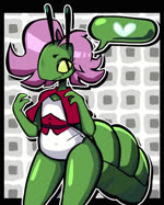 antennae_(anatomy) anthro arthropod_abdomen blinking capelet clothed clothed_anthro clothed_female clothing eyebrows eyelashes female front_view glistening_eyelids green_body green_face green_skin hair heart_symbol mouth_closed purple_hair red_capelet red_clothing solo speech_bubble white_clothing qwerty_soda lewin_(bukkbuggy) arthropod insect mantis 2022 animated digital_media_(artwork) loop no_sound portrait short_playtime three-quarter_portrait webm