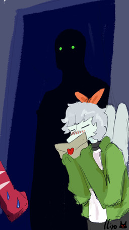 anthro blush blush_lines clothing doorway eyes_closed feathered_wings feathers female green_clothing green_eyes green_jacket green_topwear grey_body grey_hair grey_scales group hair jacket letter love_letter male red_body red_scales scales short_hair silhouette snout text topwear trio wings lliyo_(artist) cavemanon_studios snoot_game amber_(snoot_game) anon_(snoot_game) barry_(snoot_game) dinosaur dromaeosaurid human mammal prehistoric_species pterosaur reptile saurischian scalie theropod velociraptor 2025 4k 9:16 absurd_res artist_name digital_drawing_(artwork) digital_media_(artwork) hi_res signature daughter_(lore) father_(lore) father_and_child_(lore) father_and_daughter_(lore) parent_(lore) parent_and_child_(lore) parent_and_daughter_(lore)