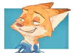 anthro border cheek_tuft clothed clothing facial_tuft fur grin male neck_tuft orange_body orange_fur smile solo tuft white_border strawberry628_(artist) disney zootopia nick_wilde canid canine fox mammal red_fox true_fox 2020 painting_(artwork) traditional_media_(artwork) traditional_painting_(artwork) traditional_watercolor_(artwork) watercolor_(artwork)