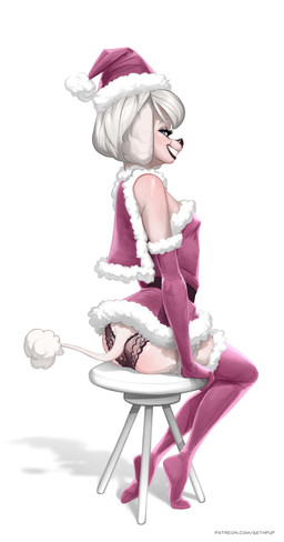 anthro armwear blue_eyes blush body_blush butt butt_blush christmas_clothing christmas_headwear clothing dress elbow_gloves female female_anthro fur furniture gloves grin grinning_at_viewer handwear hat headgear headwear holidays lace_panties legwear looking_at_viewer looking_back panties rear_view santa_hat seductive simple_background sitting smile smiling_at_viewer solo stool teasing teasing_viewer text thigh_highs underwear white_background white_body white_fur sethpup christmas molly_(sethpup) canid canine canis domestic_dog mammal poodle hi_res url