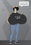 anthro big_breasts black_hair bottomwear breasts clothed clothing controller copyright_symbol denim denim_bottomwear denim_clothing dialogue dialogue_box female footwear game_controller game_controller_shirt green_eyes hair hand_on_breast huge_breasts hyper hyper_breasts jeans nes_controller nintendo_controller open_mouth pants shirt shoes sneakers solo speech_bubble symbol text topwear satsumalord nintendo nintendo_entertainment_system gina_(satsumalord) mammal mouse murid murine rodent 2012 comic_sans digital_media_(artwork) english_text hi_res