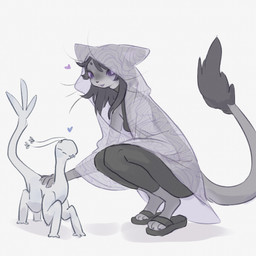 ambiguous_gender antennae_(anatomy) anthro black_clothing black_hair circle_eyebrows cloak clothing crouching dark_hair duo eyebrows female feral footwear fur grey_body grey_fur hair heart_symbol long_hair open_mouth petting poncho purple_clothing purple_eyes purple_mouth sandals shoes skinsuit smile sweater tail tail_tuft tight_clothing topwear translucent translucent_clothing tuft turtleneck whiskers tateoftot lulinya_(tateoftot) alien elith_construct felid mammal hi_res