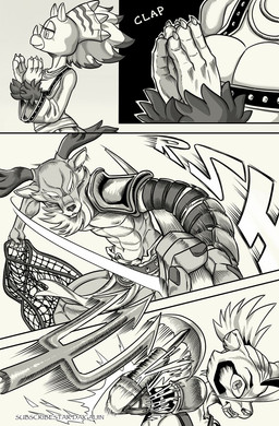 5_fingers abs anthro antlers armor athletic athletic_anthro athletic_male bottomwear breasts clothed clothing fangs feet female fight fingers fur gladiator group hair horn humanoid_hands loincloth male melee_weapon missing_arm navel net nipples pauldron paws polearm prosthetic prosthetic_limb scissor_(gladiator) teeth text toes topless topless_anthro topless_male trident trio warrior weapon daigaijin achilo_(daigaijin) irlenk_(daigaijin) mazy_(daigaijin) deer dinosaur felid feline mammal prehistoric_species reptile scalie comic hi_res
