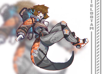 anthro blush brown_hair clothed clothing floating footwear futuristic futuristic_clothing hair looking_at_viewer male multicolored_body shoes simple_background snoava solo spacesuit tail elootam reptile scalie snake absurd_res hi_res