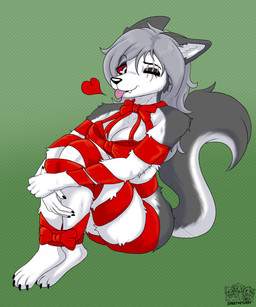 female fur gift grey_body grey_fur red_sclera solo white_body white_fur spike_the_furry mythology canid canid_demon canine canis demon hellhound mammal mythological_canine mythological_creature wolf hi_res