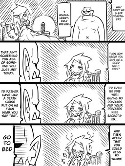 dialogue duo female humor male not_furry text jin_(mugenjin) elfxorc elf humanoid orc 3:4 comic english_text monochrome
