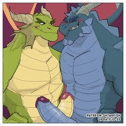 anthro blue_body blush border countershade_torso countershading duo erection eye_contact eyebrows facial_spikes frill_(anatomy) genitals glans green_body hand_on_hip horn humanoid_genitalia humanoid_penis jaw_spikes looking_at_another male male/male muscular muscular_anthro muscular_male nude penile penis penises_touching scales smile spikes spikes_(anatomy) standing thick_eyebrows ventral_scales white_border wings shtarfish activision mythology patreon spyro_reignited_trilogy spyro_the_dragon bubba_(spyro) nestor_(spyro) rescued_dragons_(spyro) dragon mythological_creature mythological_scalie scalie 1:1 half-length_portrait hi_res portrait