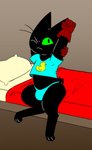 anthro bed black_body black_fur clothing digitigrade fur furniture green_eyes male shirt solo stretching t-shirt topwear underwear waking_up nylonheretic cartoon_network mao_mao:_heroes_of_pure_heart sheriff_mao_mao_mao domestic_cat felid feline felis mammal hi_res