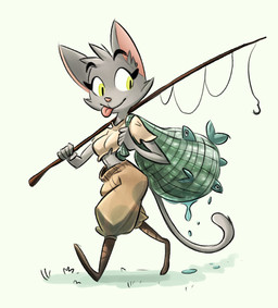 anthro boots bottomwear brown_boots brown_clothing brown_footwear clothing dripping_wet eyebrows eyelashes female fish_hook fishing_net fishing_rod footwear fur grey_body grey_fur hook net pants pink_nose raised_eyebrows shoes simple_background smile solo tail tan_bottomwear tan_clothing tan_pants tan_shirt tan_topwear tongue tongue_out toony topwear walking yellow_eyes ddrewb aquatic domestic_cat felid feline felis fish mammal 2025 digital_media_(artwork) hi_res