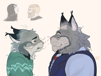 age_difference anthro black_eyebrows blue_eyes bow_tie clothed clothing duo eyebrows facial_hair fur grey_body grey_fur inner_ear_fluff male mature_male older_male pink_nose simple_background sweater topwear tuft whiskers yellow_eyes younger_male spicy_nacho25 babe_please_stop disney zootopia milton_lynxley pawbert_lynxley canada_lynx felid feline lynx mammal hi_res meme signature father_(lore) father_and_child_(lore) father_and_son_(lore) parent_(lore) parent_and_child_(lore) parent_and_son_(lore) son_(lore)