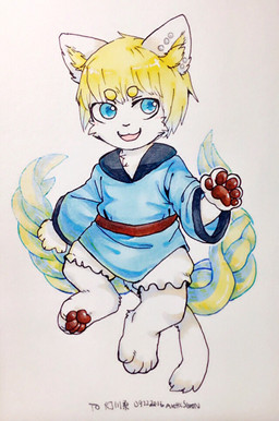 ambiguous_gender anthro blonde_hair blue_clothing blue_eyes blue_topwear bottomwear brown_pawpads cheek_tuft chibi clothing facial_tuft front_view fur glistening glistening_eyes glistening_pawpads hair happy looking_aside open_mouth open_smile pawpads simple_background smile solo topwear tuft white_background white_body white_bottomwear white_clothing white_fur young young_anthro asnnonaka domestic_cat felid feline felis mammal 2016 dated full-length_portrait portrait signature traditional_media_(artwork)