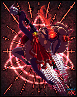 anthro axe cape clothing female fur glowing glowing_eyes melee_weapon red_eyes sharp_teeth solo teeth text weapon wool_(fur) swiftriff cult_of_the_lamb massive_monster_(studio) lamb_(cult_of_the_lamb) bovid caprine mammal sheep 2022 4:5 artist_name hi_res watermark