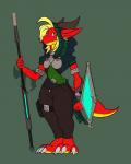 anthro clothed clothing female hair horn looking_at_viewer melee_weapon polearm shield solo spear standing tail weapon neosavias mythology dragon mythological_creature mythological_scalie scalie 4:5 hi_res