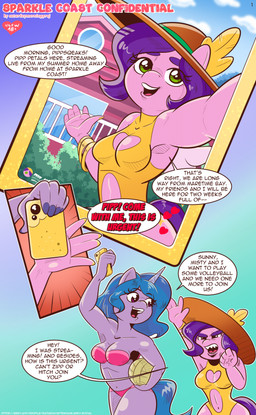 angry anthro bikini biped blue_hair bottomwear breasts cellphone clothed clothing detailed_background dialogue duo electronics eyelashes female fingers green_eyes hair hat headgear headwear heart_symbol holding_cellphone holding_object holding_phone horn one-piece_swimsuit outside phone pink_clothing pupils purple_body purple_hair smartphone smile speech_bubble swimwear text thick_thighs topwear two-piece_swimsuit yellow_body saturdaymorningproj hasbro mlp_g5 my_little_pony mythology izzy_moonbow_(mlp) pipp_petals_(mlp) equid equine mammal mythological_creature mythological_equine unicorn absurd_res comic english_text hi_res