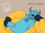 2020 anthro camcroc clothing coveralls disney english_text foreskin genitals gloves handwear hi_res kinktober looking_at_viewer male monster monsters_inc overweight overweight_anthro overweight_male penis penis_grab pixar pubes slightly_chubby solo sulley text uniform