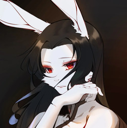anthro asian_clothing black_background black_hair clothing eyeliner eyeshadow female fur hair makeup mascara red_eyes simple_background solo white_body white_fur delax_(artist) tianhehui lagomorph leporid mammal rabbit