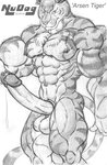 abs anthro balls big_penis ear_piercing ear_ring genital_piercing genitals long_penis male muscular muscular_anthro muscular_male nipple_piercing nipples pecs penis penis_piercing piercing prince_albert_piercing ring_piercing solo nudog arsen_(pylon) felid mammal pantherine tiger 2003 greyscale monochrome sketch