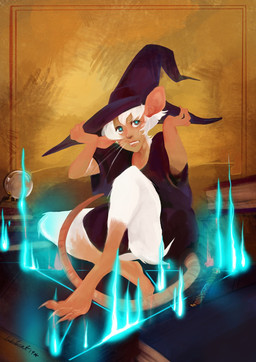 ambiguous_gender big_ears book clenched_teeth clothing hair hat headgear headwear inside magic shrinking size_transformation solo species_transformation teeth transformation whiskers white_hair witch_hat nakitacat human mammal murid murine rat rodent 2019 hi_res