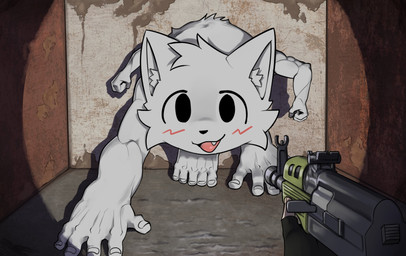 5_fingers 5_toes ak-74 anthro blush clothing duo feet fingerless_gloves fingers first_person_view flashlight fur gloves gun handwear horror_(theme) inner_ear_fluff looking_at_viewer male multi_arm multi_limb muscular muscular_anthro muscular_arms muscular_male open_mouth ranged_weapon rifle sharp_teeth simple_eyes teeth toes tuft unusual_anatomy unusual_arm_placement weapon white_body white_fur fanteliscio boy_kisser_(meme) kalashnikov s.t.a.l.k.e.r. silly_cat_(mauzymice) domestic_cat felid feline felis human mammal pseudogiant_(s.t.a.l.k.e.r.) 2025 absurd_res hi_res meme