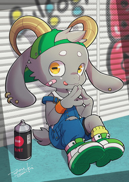 4_fingers anthro bandage bandage_on_face blue_clothing blue_overalls bottomwear clothed clothing curved_horn ear_piercing fingers footwear fur graffiti graffiti_on_wall grey_body grey_fur hair hat headgear headwear horn long_ears male overalls piercing shirt shoes sitting smile socks solo spray_can tail tongue tongue_out topwear white_clothing white_topwear wristband yellow_eyes young young_anthro young_male youtsumiki bolgogi bovid caprine goat mammal absurd_res digital_media_(artwork) hi_res signature