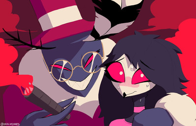 anthro arm_around_shoulders biped bodily_fluids choker cigar clothing duo eyewear female glasses grey_body jewelry looking_at_viewer male necklace nervous red_eyes smile smoke sweat twitter_handle dracreloaded hazbin_hotel hellaverse helluva_boss octavia_(helluva_boss) valentino_(hazbin_hotel) arthropod avian bird demon insect lepidopteran moth owl