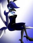 anthro beak biped black_beak black_clothing black_dress black_footwear black_high_heels black_shoes blue_body blue_clothing blue_dress blue_feathers blue_hair breasts cleavage clothed clothing clothing_ring dark_beak dark_dress dark_footwear dark_high_heels dark_shoes dress eyebrows eyelashes fake_ears fake_rabbit_ears feathered_wings feathers feet female footwear gradient_background green_eyes hair half-closed_eyes high_heels monotone_beak monotone_breasts multicolored_body multicolored_clothing multicolored_dress multicolored_feathers narrowed_eyes non-mammal_breasts seductive shoes simple_background sitting solo tail tail_feathers talons toes two_tone_body two_tone_clothing two_tone_dress two_tone_feathers white_body white_breasts white_feathers winged_arms wings whitephoenix52 feather_6 lark_(corrvo) avian bird corvid jay_(bird) magpie-jay new_world_jay oscine passerine absurd_res hi_res