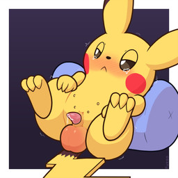 3_toes 4_fingers animal_genitalia aroused ballbusting balls black_ear_tips blush bodily_fluids border cheek_spots cock_and_ball_torture dipstick_ears ear_markings erection feet feral fingers fur genital_fluids genital_torture genitals leaking_precum looking_away male masochism multi_nipple multicolored_ears nipples on_pillow pain penis pillow precum reclining reddened_scrotum shaking sheath sheathed_tapering_penis simple_background solo tears toes trembling white_border yellow_body yellow_fur fuzzo nintendo pokemon generation_1_pokemon pikachu pokemon_(species) 1:1 2024 absurd_res hi_res