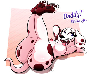 abstract_background anthro anthrofied areola big_breasts big_butt biped black_body black_fur breasts butt cum_request daddy_kink exclamation_point feet female female_anthro floppy_ears fur genitals geometric_background insemination_request legs_up long_ears lying markings nipples on_back pattern_background pawpads simple_background soles solo spots spotted_body spotted_fur tail talking_to_viewer text thick_thighs tongue under_boob vulva white_body white_fur wide_hips year pkbr4insh0ck_(artist) 101_dalmatian_street 101_dalmatians disney dolly_(101_dalmatians) canid canine canis dalmatian domestic_dog mammal 2025 absurd_res colored dated digital_media_(artwork) english_text hi_res shaded signature