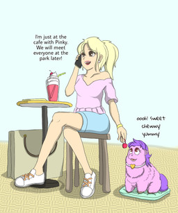 baby_talk bag blonde_hair blue_bottomwear blue_clothing blue_shorts bottomwear brown_eyes cherry clothing container crossed_legs cup cushion dialogue drinking_straw duo eyelashes female female_feral female_human feral food footwear fruit fur furniture glass glass_container glass_cup hair hooves light_body light_skin lips open_mouth oversized_clothing pink_body pink_clothing pink_fur pink_lips pink_topwear plant purple_hair purple_tail red_eyes shoes shorts sitting smile table tail text topwear white_clothing white_ear_piercing white_footwear white_shoes carpdime fluffy_pony princess_pinky_(fluffy_pony) fluffy_pony_(species) human mammal digital_media_(artwork) english_text hi_res shaded
