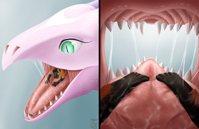 anthro bodily_fluids fangs female feral first_person_view green_eyes macro male micro open_mouth oral_vore pink_body prey_pov reverse_mouth_shot saliva saliva_on_tongue saliva_string teeth tongue vore armaleos mythology dragon lemur mammal mythological_creature mythological_scalie primate scalie strepsirrhine hi_res