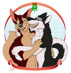 2019 anthro bandit_(holidaypup) black_lips bodily_fluids brown_body brown_fur canid canine canis dingo duo fur kissing kwik_(artist) licking lips male male/male mammal mistletoe one_eye_closed open_mouth plant saliva tongue tongue_out white_body white_fur wolf