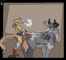 anthro anthro_on_feral anthro_penetrating anthro_penetrating_feral bestiality bodily_fluids duo female female_feral feral feral_penetrated genital_fluids genitals larger_female larger_feral larger_penetrated looking_back looking_pleasured male male/female male_on_feral male_penetrating_feral penetration pubes sex size_difference teats udders vaginal vaginal_penetration vulva mustard_(welcometothevoid) swiss_(mustard) bovid bovine cattle mammal sergal digital_media_(artwork) pixel_(artwork)
