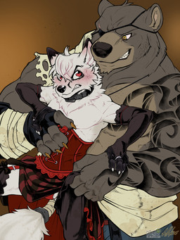 5_fingers angry anthro anthro_on_anthro arm_tattoo arm_wraps armwear biped blush blush_lines bridal_gauntlets bulge cheek_tuft chin_tuft claws clenched_teeth clothed clothed_anthro clothed_male clothing collar corset corset_dress countershade_face countershade_fur countershade_torso countershading crossdressing crossdressing_male dipstick_ears dominant dominant_male duo ear_markings eye_patch eyewear facial_markings facial_tuft finger_claws fingerless_gloves fingers fluffy fluffy_tail forced forced_crossdressing front_view fur fur_tuft gloves gradient_background grin grope groping_from_behind handwear head_markings head_tuft humanoid_hands humiliation imminent_rape imminent_sex interspecies iris larger_dom larger_male legwear lingerie looking_at_another looking_at_partner male male/male male_anthro markings metal_collar multicolored_ears neck_tuft one_eye_obstructed one_glove panties panties_bulge pupils scar sharp_teeth simple_background size_difference smaller_male smile snout stockings struggling tail tail_wraps tattoo teeth topless topless_anthro topless_male topwear tuft underwear wraps conditional_dnp draite vellum bartholomew_roche lionel_kidd bear canid canine fox mammal hi_res