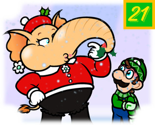 5_fingers alternate_species anthro arms_bent beanie bent_arm big_nose black_bottomwear black_clothing black_pants blue_clothing blue_eyes blue_overalls bodily_fluids bottomwear brown_eyebrows brown_hair button_(fastener) chubby_cheeks clothed clothed_anthro clothed_female clothed_human clothed_male clothing duo ear_piercing eye_contact eyebrows eyelashes female female_anthro fingers fully_clothed fully_clothed_anthro fully_clothed_female fully_clothed_human fully_clothed_male gloves green_beanie green_clothing green_hat green_headwear green_scarf green_shirt green_topwear hair handwear hat headgear headwear holding_arm holding_holly holding_with_trunk holidays holly_(plant) larger_anthro larger_female lipstick looking_at_another makeup male male/female male_human mouth_closed nervous nervous_sweat number orange_body orange_skin orange_tail orange_tail_tuft outside overalls pants pattern_clothing pattern_scarf piercing pink_lipstick plant pointing_at_mouth proboscis_(anatomy) puckered_lips red_clothing red_hat red_headwear red_shirt red_topwear scarf shirt size_difference slightly_chubby slightly_chubby_anthro slightly_chubby_female smaller_human smaller_male snow snowing standing striped_clothing striped_scarf stripes sweat sweaty_face tail tail_tuft tan_body tan_skin text_box topwear trunk_(anatomy) tuft white_clothing white_gloves white_handwear winter captainquack64 christmas mario_bros nintendo super_mario_bros_wonder elephant_daisy luigi princess_daisy african_elephant elephant elephantid human mammal proboscidean 2023 colored digital_drawing_(artwork) digital_media_(artwork) english_description hi_res shaded simple_shading
