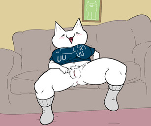 anthro anthrofied anus big_breasts biped blue_clothing blue_shirt blue_topwear blush blush_lines bottomless bottomless_anthro bottomless_female breasts clothed clothed_anthro clothed_female clothing crossgender detailed_background eyelashes female female_anthro fingers footwear front_view furniture genitals grey_clothing grey_footwear grey_socks humanoid_genitalia humanoid_vulva inside monotone_body navel noseless on_sofa open_mouth open_smile picture_frame presenting presenting_anus presenting_vulva pubes shirt sitting smile socks sofa solo spread_legs spreading topwear vulva white_body white_ears 4chan_anon unknown_artist 2channel mona_(2channel) 2channel_ascii_art_character domestic_cat felid feline felis mammal 2026 aliasing archived_source binary_drawing digital_drawing_(artwork) digital_media_(artwork) flat_colors full-length_portrait hi_res portrait