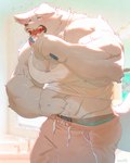 anthro bathroom biceps bottomwear brush brushing brushing_teeth clothing fur male muscular muscular_anthro muscular_male open_mouth owo solo tongue tongue_out toothbrush topwear white_body white_fur dona908 canid canine mammal 2021 absurd_res hi_res